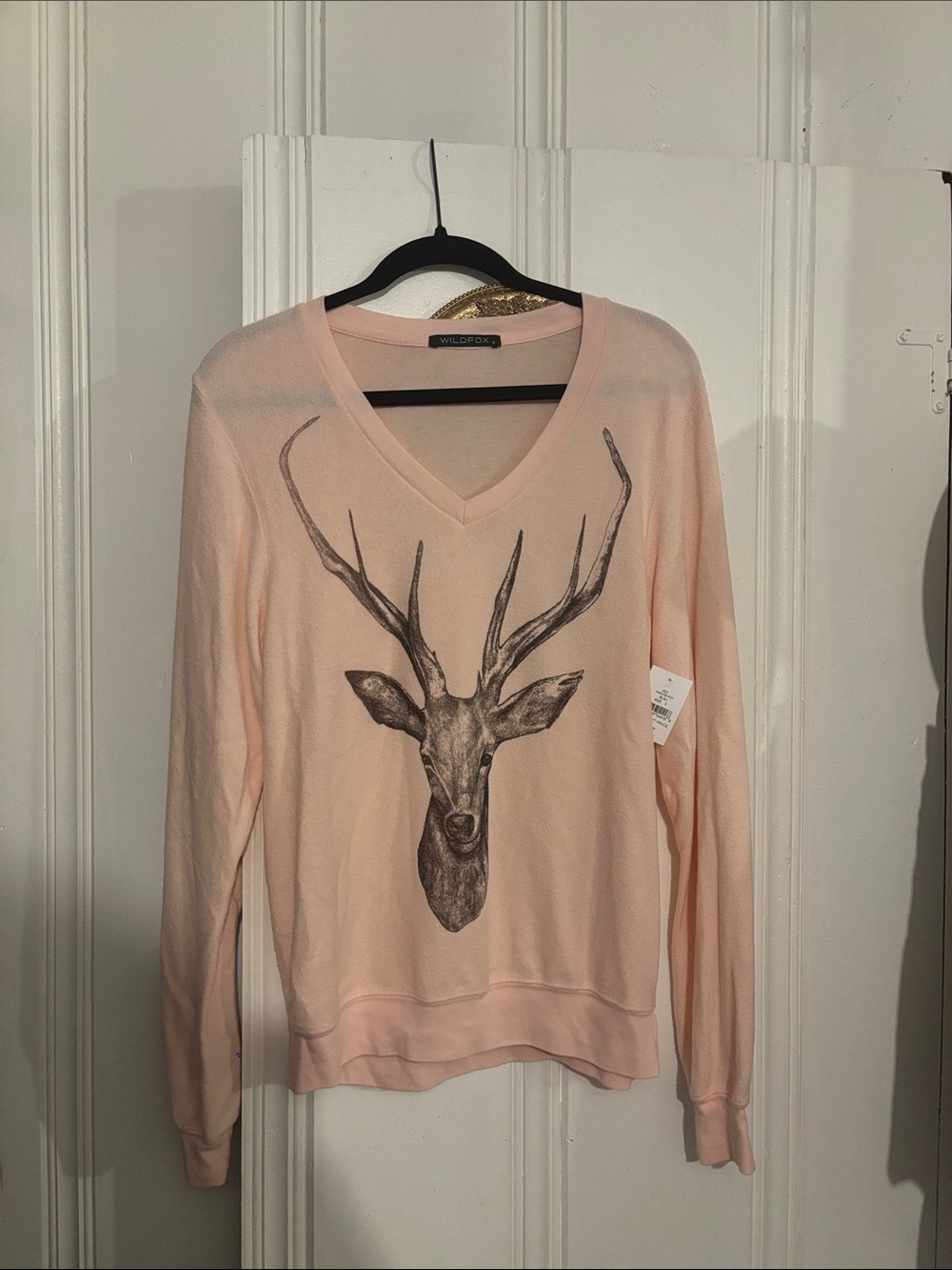 Wildfox Peach V-Neck Sweater with Stag Graphic